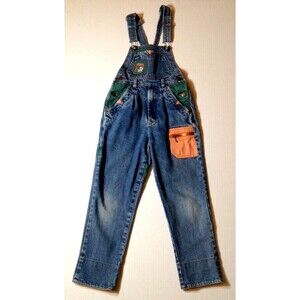 Vtg Youth Overalls Kids 7 Blue Jean Denim Bib Farm Patchwork Western Festival